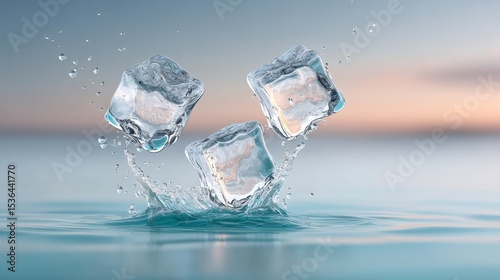 Three ice cubes are floating in a body of water. The water is blue and the sky is pink