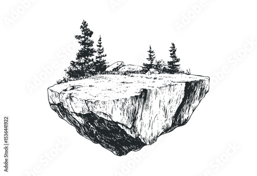 Floating island with trees and rocks in detailed black and white illustration. Vector retro hand drawn illustration