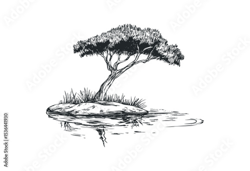 Serene tree on rocky island drawing reflecting on water. Vector retro hand drawn illustration