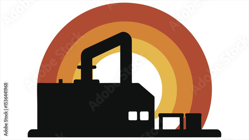 ( Heat Treatment Furnace)Vector Silhouette of a factory at sunset, evoking nostalgia./A simple, black silhouette of a factory building sits against a backdrop of a stylized, warm sunset or sunrise.
