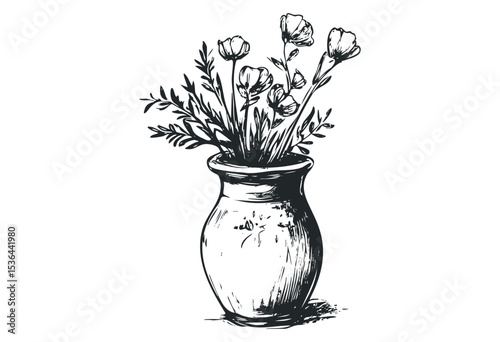 Vintage ink sketch of a floral vase with delicate flowers and leaves. Vector retro hand drawn illustration