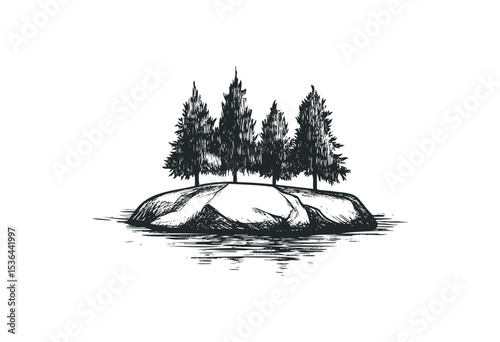 Pine trees and rocky island sketch in minimalist style. Vector retro hand drawn illustration