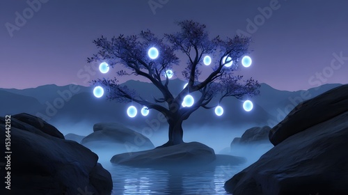 A fantastical scene depicting a twisted, ancient tree surrounded by glowing orbs of light, symbolizing wisdom and mystery in a tranquil, ethereal landscape