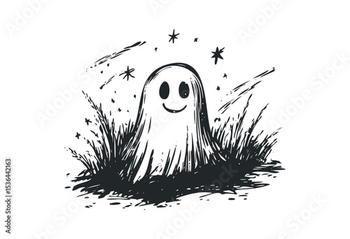 Cute smiling ghost with stars and grass in sketchy style. Vector retro hand drawn illustration