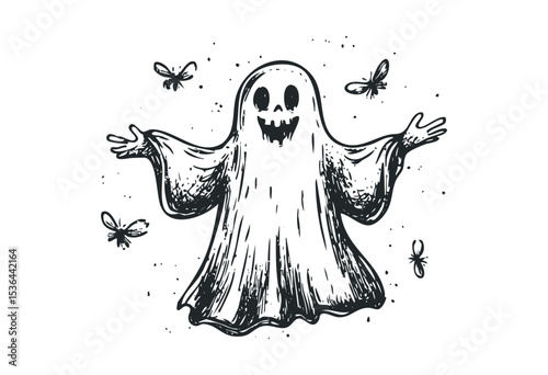 Cartoon ghost with flying insects sketch illustration. Vector retro hand drawn illustration
