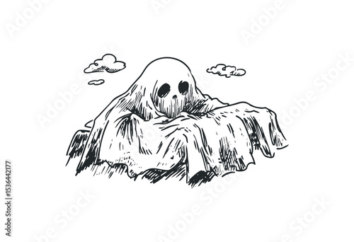 Cartoon ghost with blanket and clouds in a spooky scene. Vector retro hand drawn illustration