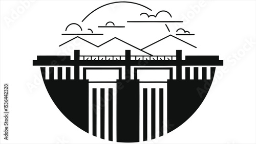 (Hydroelectric Dam)Simple vector silhouette of a dam and bridge over a landscape./A clean, minimalist illustration of a dam and bridge.