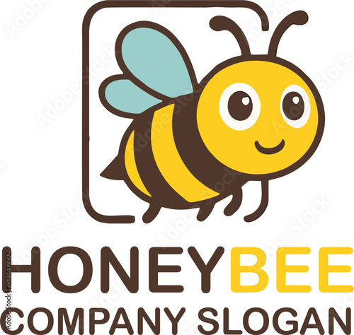vector honeybee logo design cartoon cute bee mascot yellow black insect with blue wings for product branding label