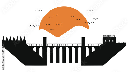 (Hydroelectric Dam)Simple Silhouette Illustration of a Hydro-Electric Dam/A stylized, flat illustration of a hydro-electric dam.
