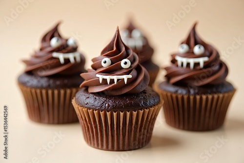 Chocolate cupcakes with wicked faces and sharp fangs on a simple background. They look like Halloween monsters ready to scare anyone