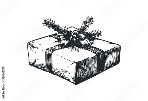 Hand-drawn festive gift box with pinecone and branches. Vector retro hand drawn illustration
