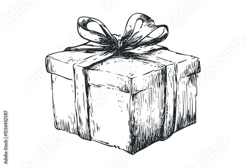 Hand-drawn gift box with ribbon bow in vintage style. Vector retro hand drawn illustration