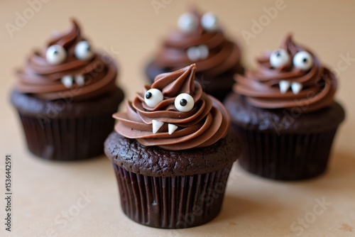 Chocolate cupcakes with wicked faces and sharp fangs on a simple background. They look like Halloween monsters ready to scare anyone