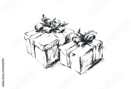 Hand-drawn gift boxes with ribbon decorations and detailed sketch. Vector retro hand drawn illustration