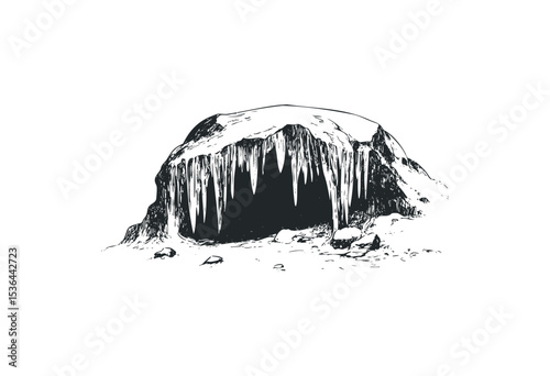 Snow-covered cave with icicles illustration in monochrome. Vector retro hand drawn illustration