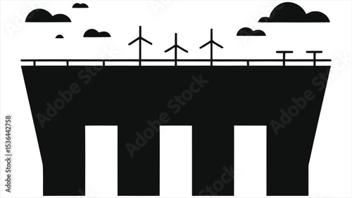 (Hydroelectric Dam)Modern Silhouette Illustration of a Wind Farm Bridge/Simple, black silhouette of a bridge structure with wind turbines atop it, suggesting a modern, sustainable transportation 
