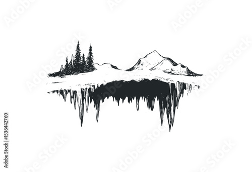 Black and white mountain landscape with forest and reflected peaks. Vector retro hand drawn illustration