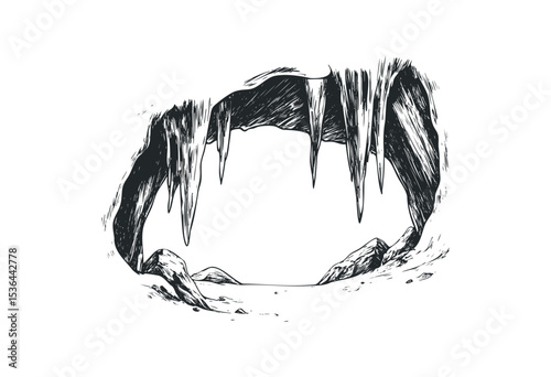 Monochrome illustration of a cave with stalactites and rocky entrance. Vector retro hand drawn illustration