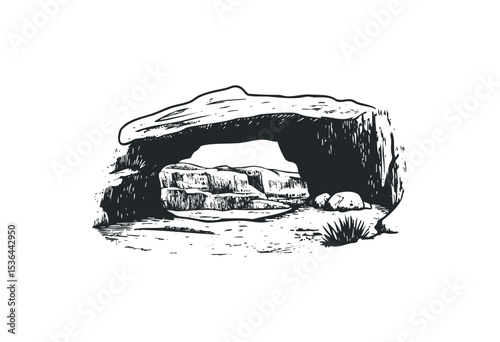 Monochrome rock formation with natural archway and boulder landscape. Vector retro hand drawn illustration