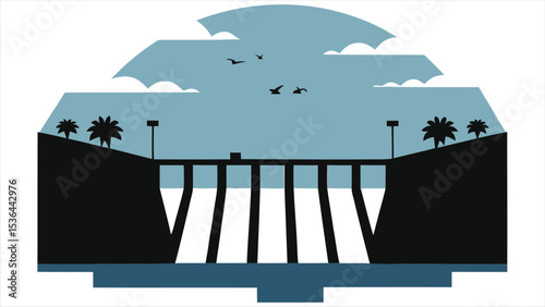 (Hydroelectric Dam)Simple Silhouette Illustration of a Hydro-Electric Dam/A stylized, flat illustration of a hydro-electric dam.