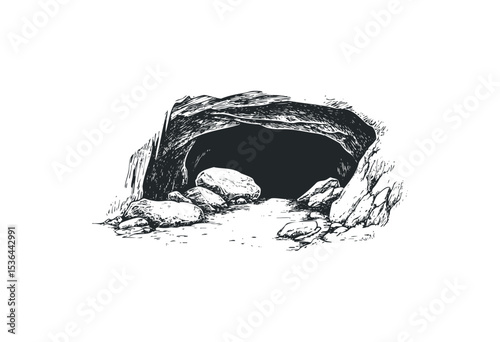 Rocky cave entrance sketch with boulders and shadows. Vector retro hand drawn illustration