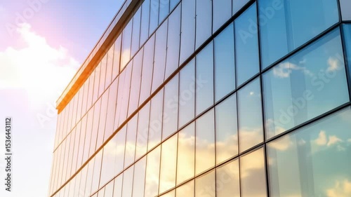 Modern office building's exterior glass facade reflecting a vibrant sky during sunset