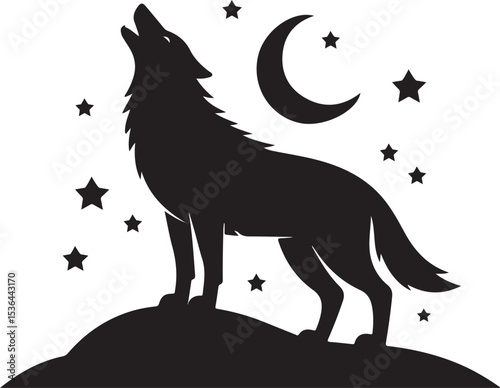 Black Wolf Silhouette Howling at Night Moon Stars Hill