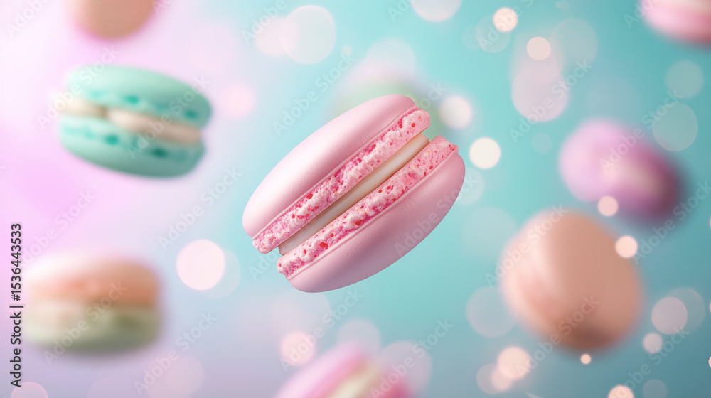 Obraz premium Pink macaron with pastel background. Close-up of a pink French macaron floating in front of a pastel blue and pink background with soft bokeh lights