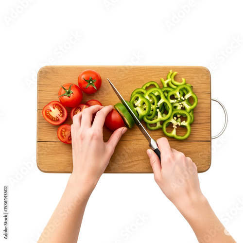 Hands cutting vegetables on a cutting board isolated on transparent background 