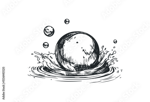 Vintage sketch of water droplets splashing: artistic black and white design. Vector retro hand drawn illustration