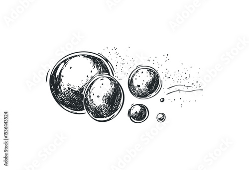 Hand-drawn soap bubbles with textured shading on white background. Vector retro hand drawn illustration