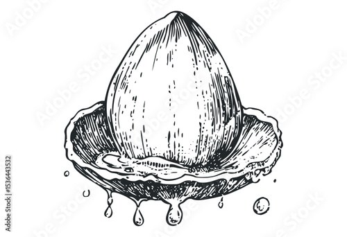 Detailed line drawing of a coconut half with a dripping liquid splash. Vector retro hand drawn illustration