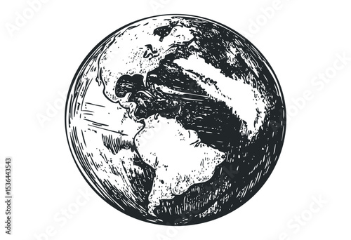 Detailed hand-drawn illustration of earth globe with continents and oceans. Vector retro hand drawn illustration