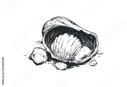 Detailed sketch of seashells and beach rocks. Vector retro hand drawn illustration