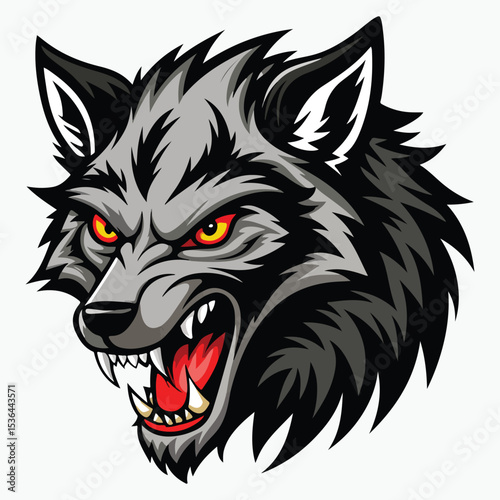 Angry or snarling wolf head with bared teeth and wild fur vector sticker and logo