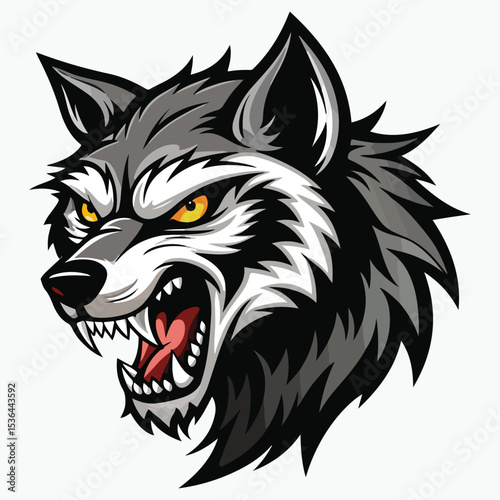Angry or snarling wolf head with bared teeth and wild fur vector sticker and logo