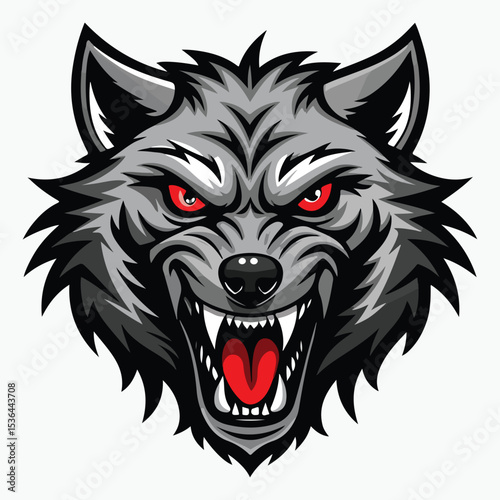Angry or snarling wolf head with bared teeth and wild fur vector sticker and logo