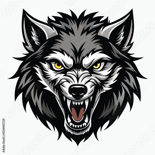 Angry or snarling wolf head with bared teeth and wild fur vector sticker and logo
