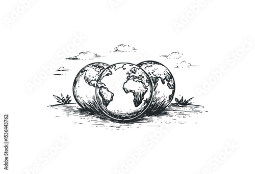 Artistic sketch of globe with open sections revealing continents and oceans. Vector retro hand drawn illustration