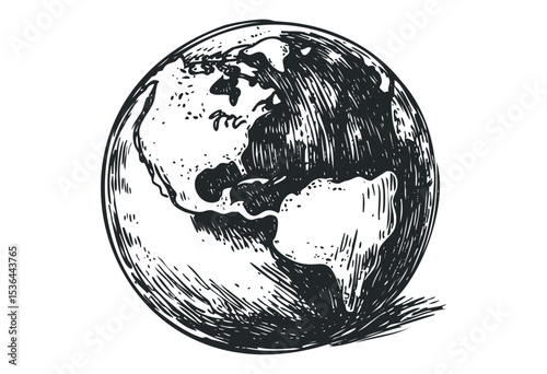 Detailed sketch of earth showing continents in intricate pen style. Vector retro hand drawn illustration