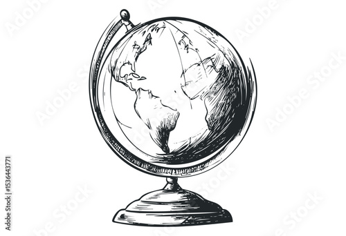 Hand-drawn artistic globe sketch highlighting continents in black and white. Vector retro hand drawn illustration