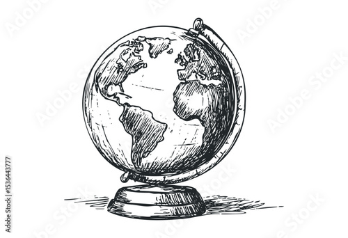 Hand-drawn globe sketch featuring continents and oceans on a stand. Vector retro hand drawn illustration