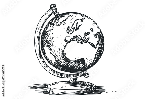 Hand-drawn sketch of a globe with detailed continents and oceans. Vector retro hand drawn illustration
