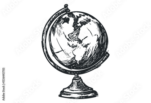 Detailed sketch of a vintage globe showing continents and oceans. Vector retro hand drawn illustration