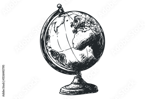 Vintage hand-drawn globe illustration with detailed continents. Vector retro hand drawn illustration