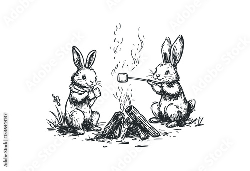 Two rabbits roasting marshmallows over a campfire, one holding a mug. Vector retro hand drawn illustration