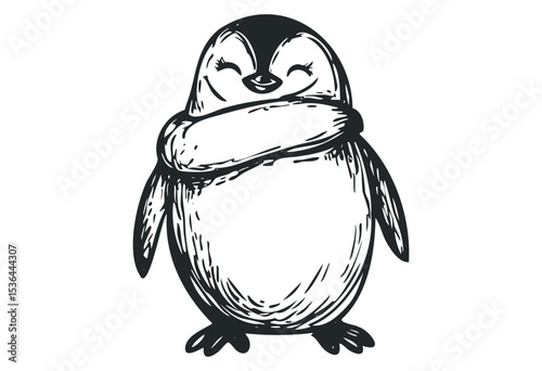 Adorable penguin illustration with happy expression and closed eyes. Vector retro hand drawn illustration
