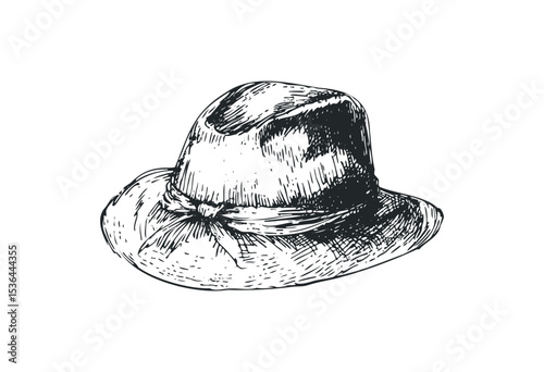 Hand-drawn ink illustration of a vintage fedora hat with ribbon detail. Vector retro hand drawn illustration