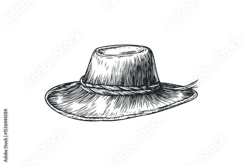 Hand-drawn stylish straw hat with braided band illustration. Vector retro hand drawn illustration