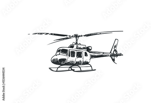 Detailed vintage helicopter sketch in black and white design. Vector retro hand drawn illustration